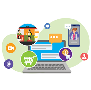 A laptop with superimposed images. There is a microphone icon, shopping cart, video camera icon, a circle with a video chat going on, a presentation icon, an add friend icon and a smartphone with a doctor on the screen