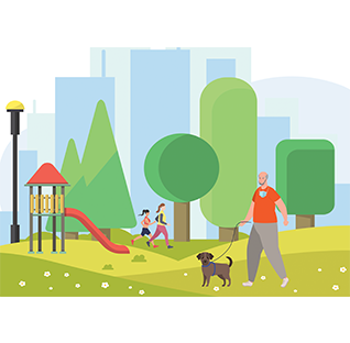 A man is walking his dog in the park with a mask around his neck. There is a play structure and two women running in the background. 